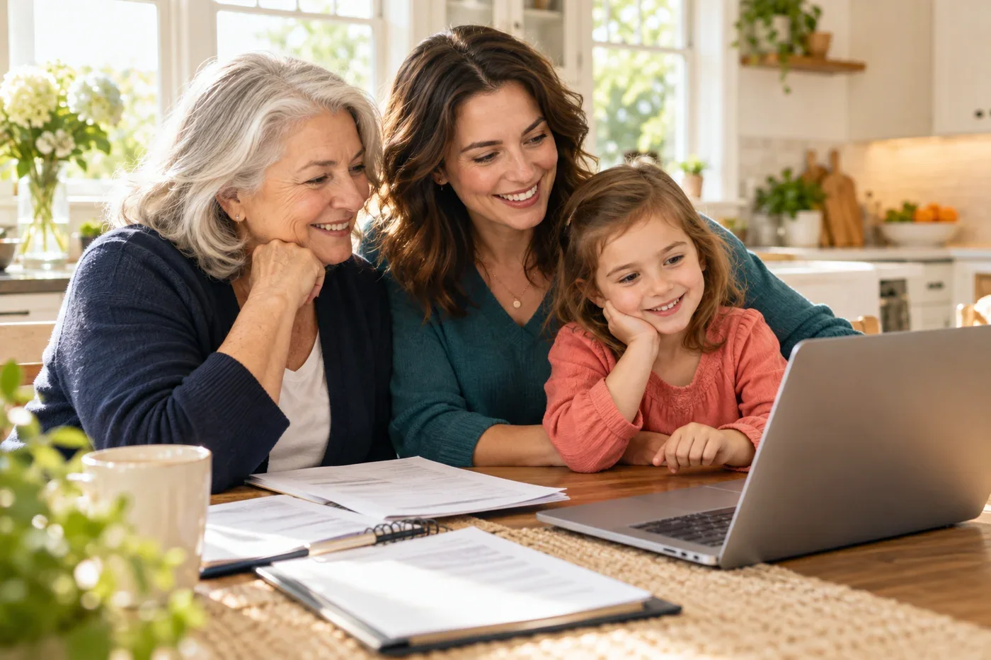 Three generations organizing family information together